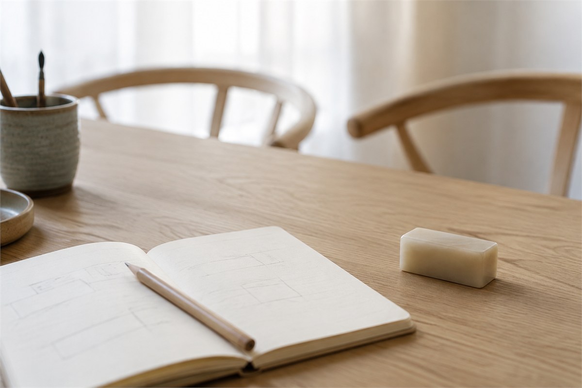 Plain seal blank beside a notebook with faint rectangular sketches and a pencil on a wooden desk.