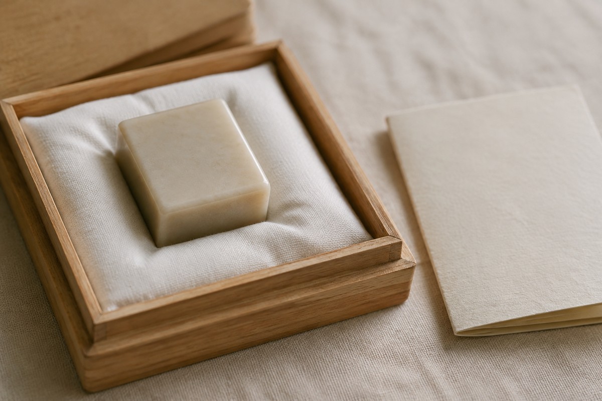 Small cream stone seal in an open linen-lined box beside folded ivory paper.