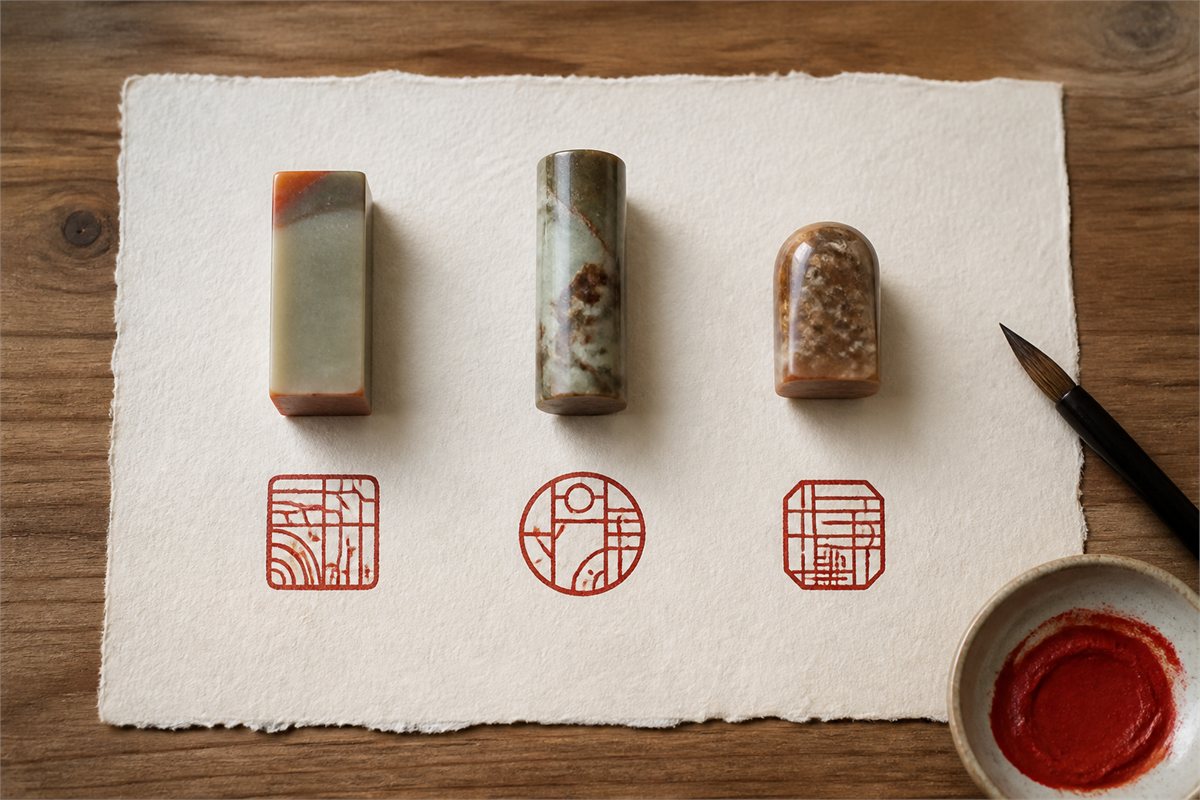 Three distinct stone seals with three abstract red impressions arranged on handmade paper