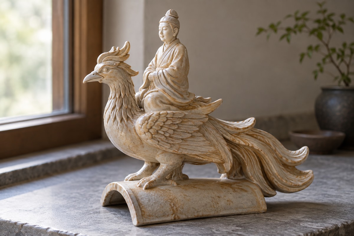 A robed ceramic figure riding a crested phoenix on a curved roof tile.