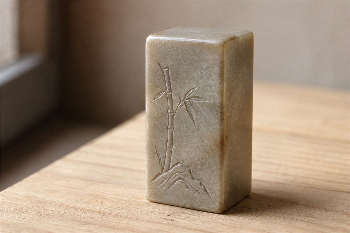 Tall cream-colored seal with a shallow bamboo and rock picture carved on one side.