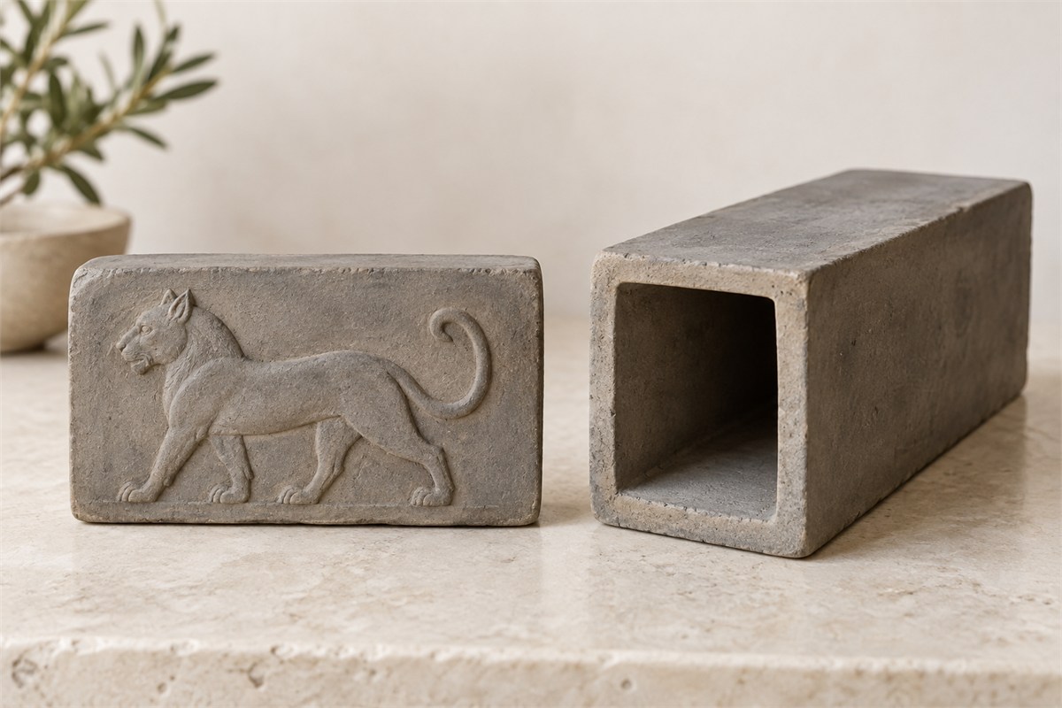 A modern relief-decorated clay brick sits beside an open-ended hollow clay brick model.