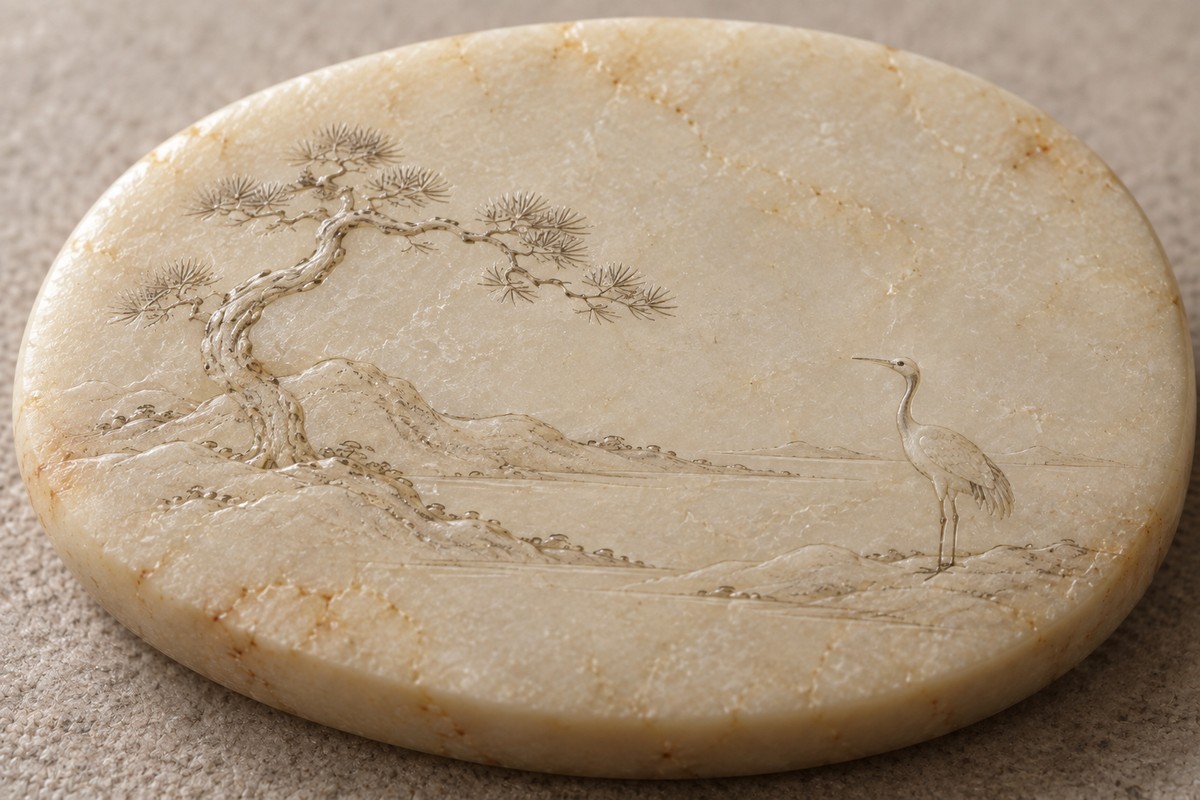 One crane stands beside a rugged pine trunk on a carved stone face.