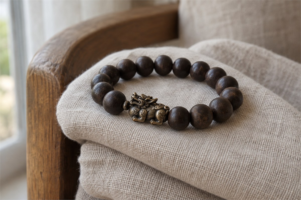 A dark bead bracelet has a bronze-colored guardian bead at its center.