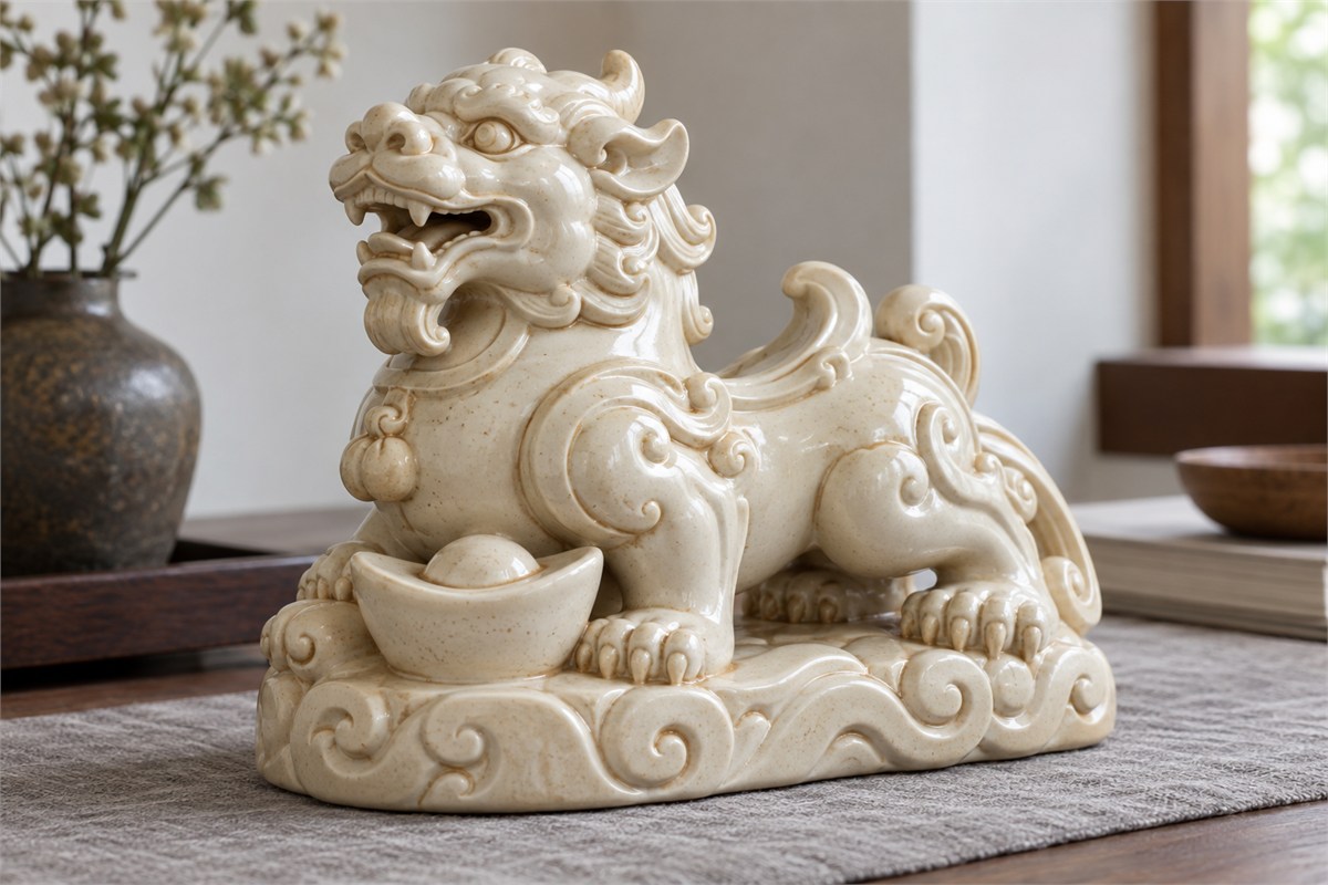 A small ceramic guardian rests above a cloud-shaped base with an ingot motif.