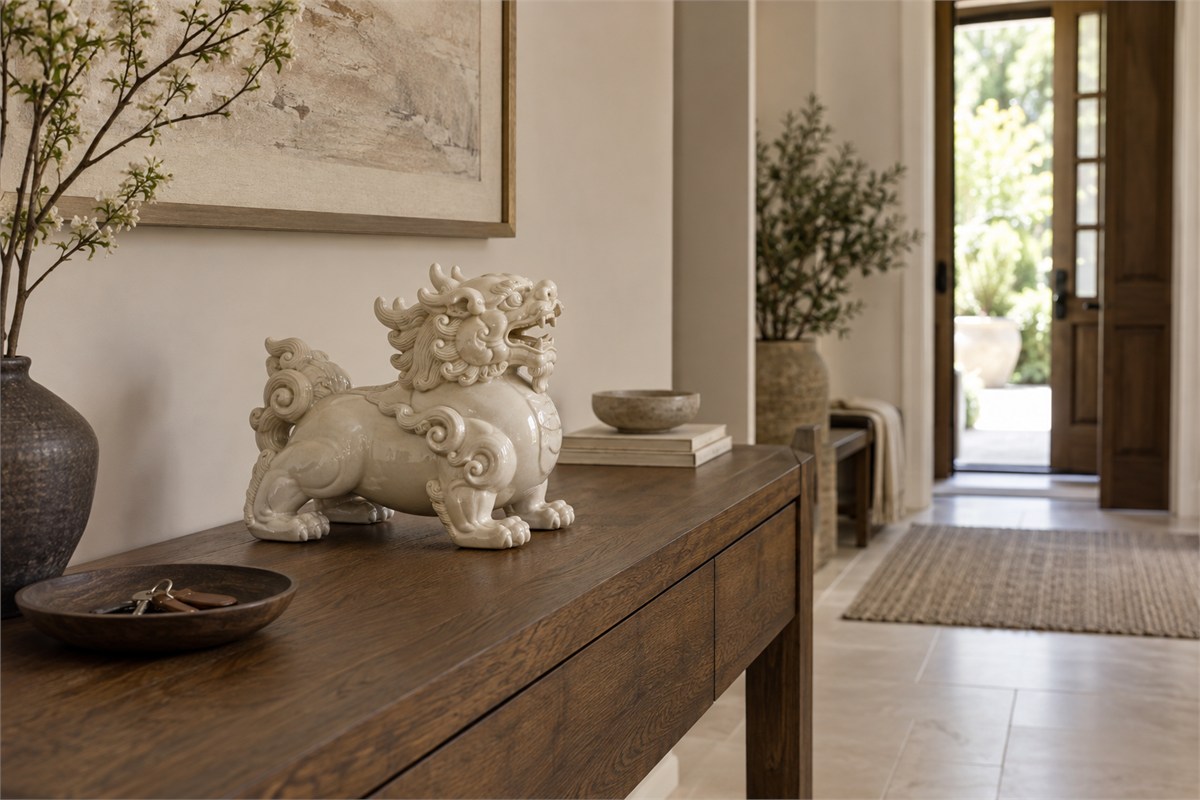 A ceramic guardian stands well back from the edge of an entrance console.