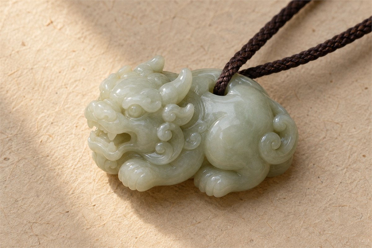 A small jade Pixiu pendant with a broad open mouth and curling tail.