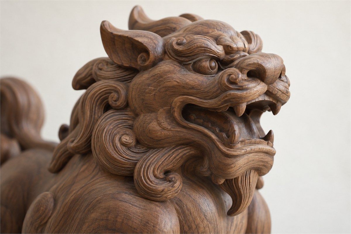 A close view shows the open mouth and curved mane of a wooden guardian carving.