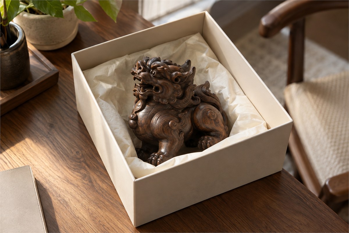 A small wooden guardian sits in an open paper gift box.