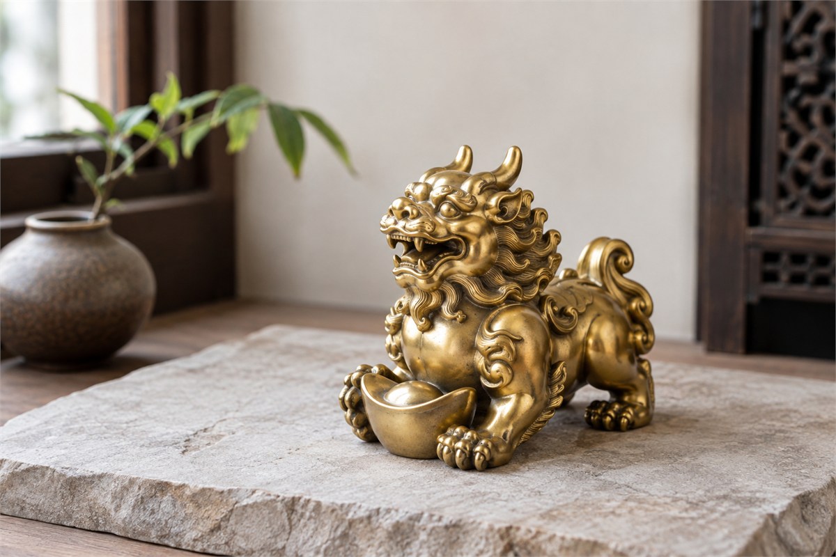 A bronze-colored guardian holds a small boat-shaped ingot between its front paws.