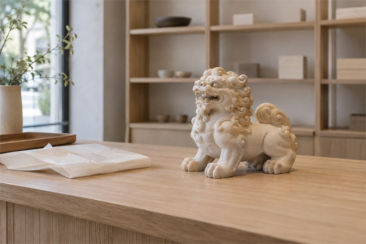 A small guardian ornament stands on a clean shop counter beside folded wrapping paper.