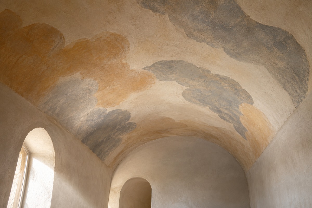 A curved plaster vault carries faded mineral-toned cloud shapes.