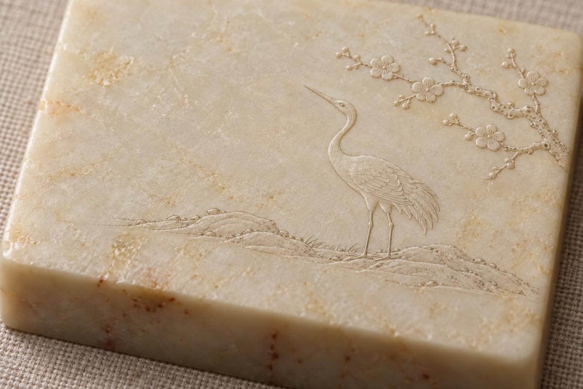 One crane stands beneath a flowering plum branch in shallow stone relief.