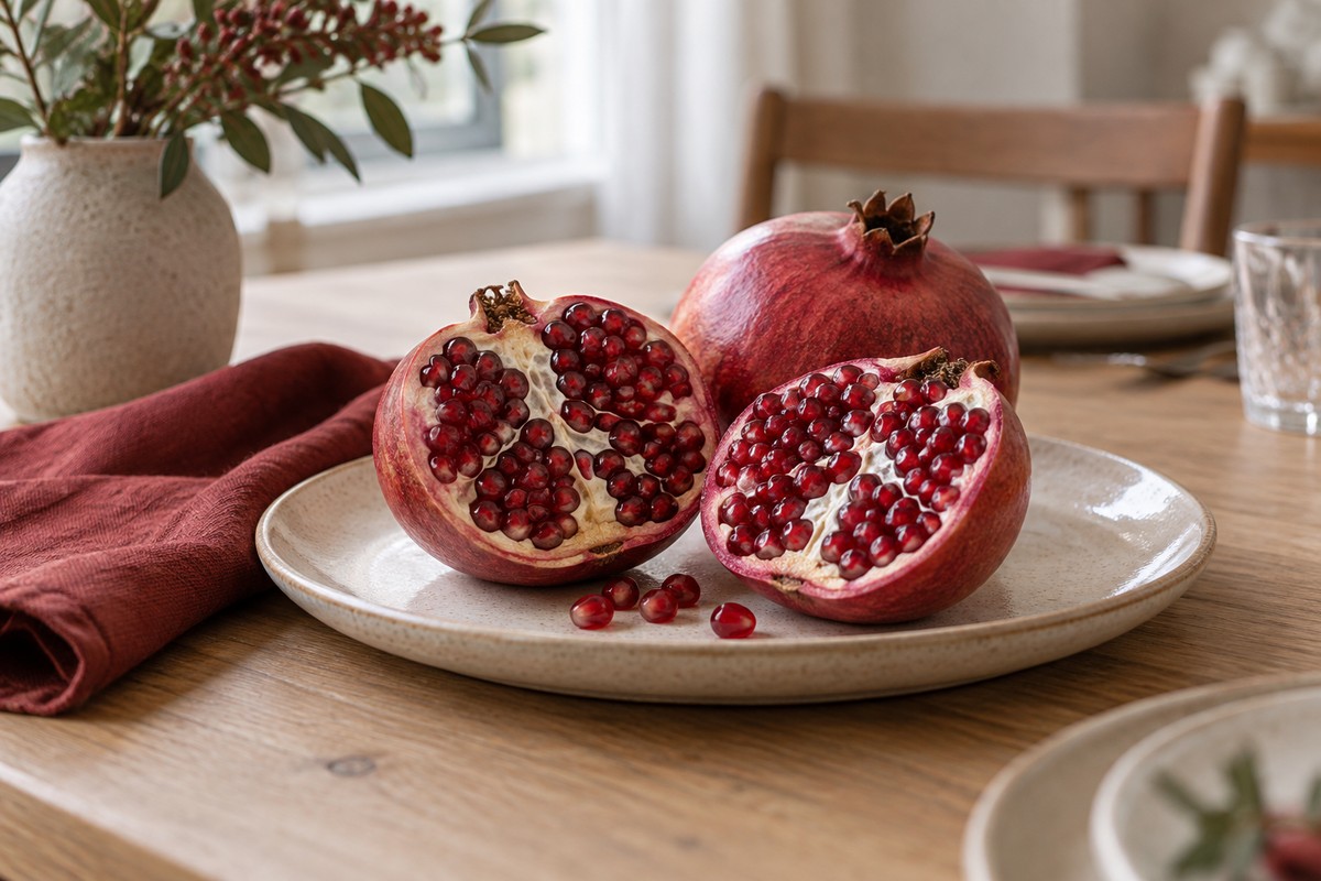 A split pomegranate and a whole fruit on a cream platter beside a red napkin.