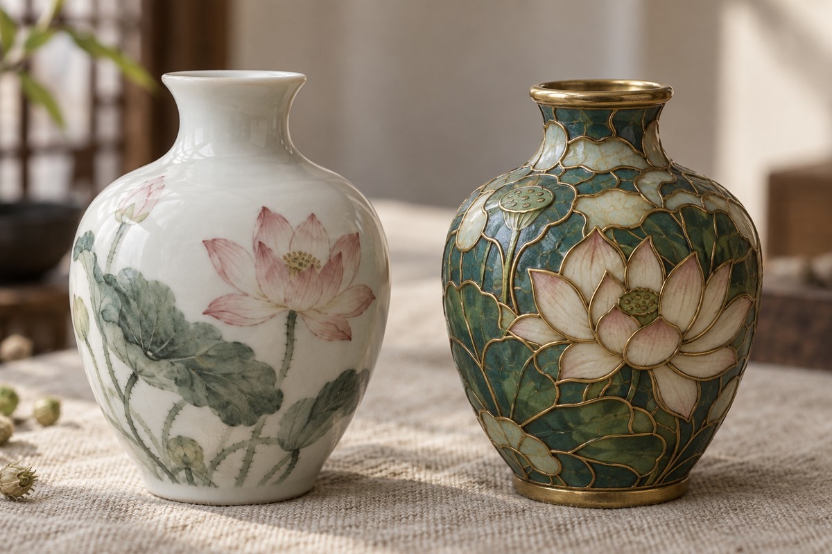 Painted floral porcelain beside enamel held within fine metal partitions.