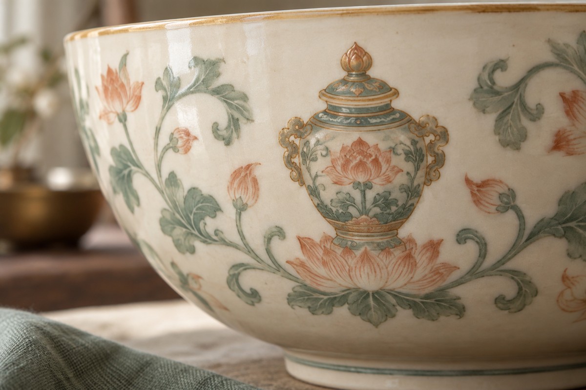 Painted vase emblem above a lotus amid scrolling stems on white porcelain.
