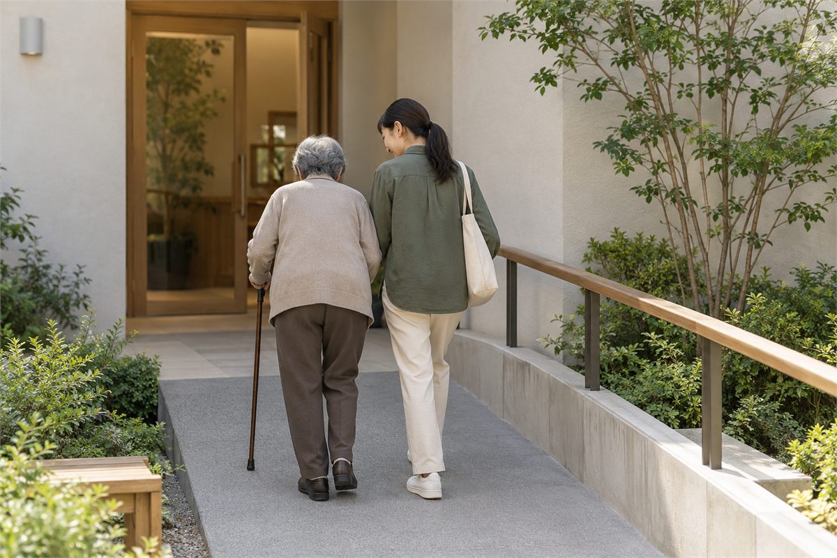 Two adults approaching a community doorway along a gently sloped walkway.