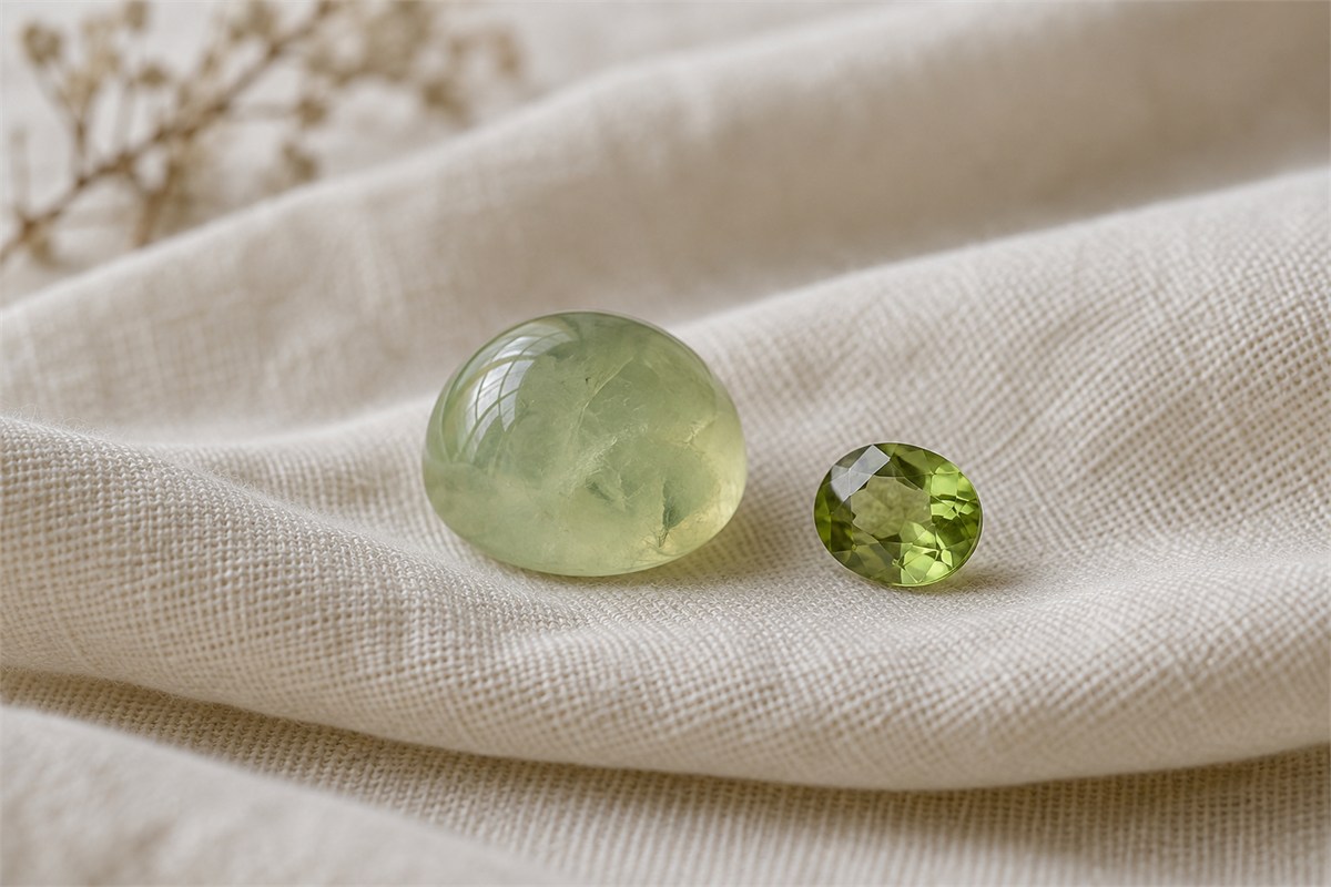 Pale green prehnite beside a brighter yellow-green peridot on ivory cotton.