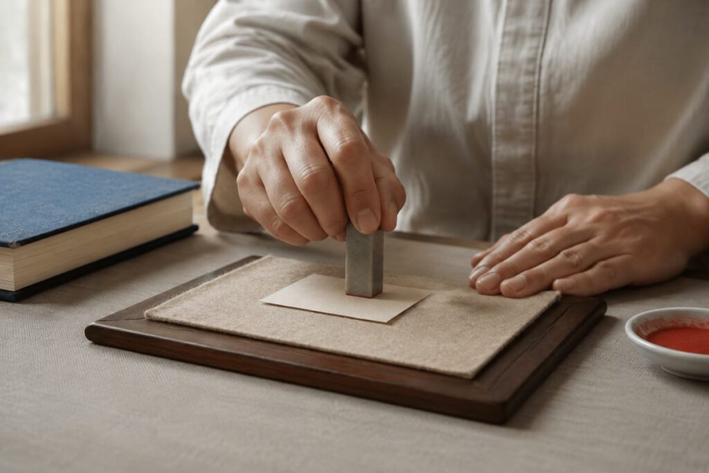 Hand pressing a stone seal vertically onto a removable practice slip
