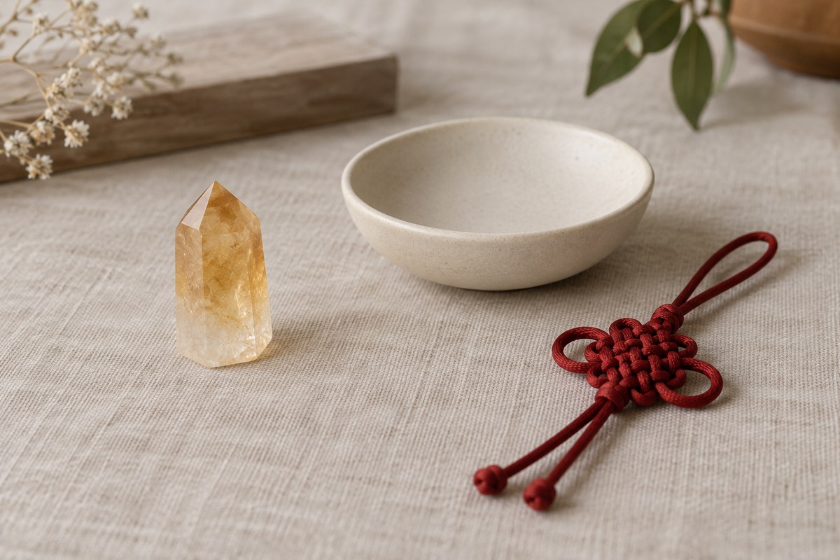 A golden crystal, a shallow ceramic bowl, and a red decorative knot on linen.