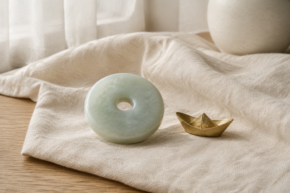 A pale green jade-style disc and a folded golden paper ingot rest on ivory linen.
