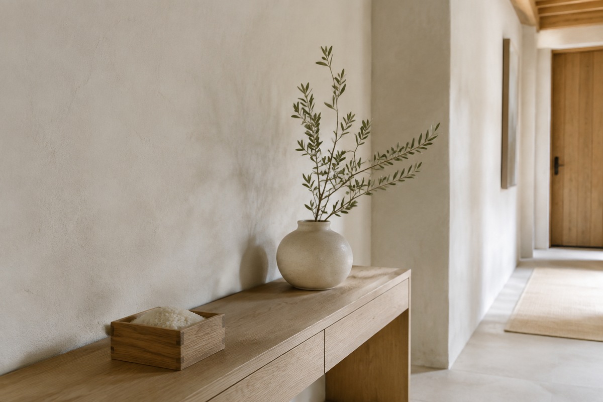 A rice-filled wooden measure sits neatly on a bright entry console.