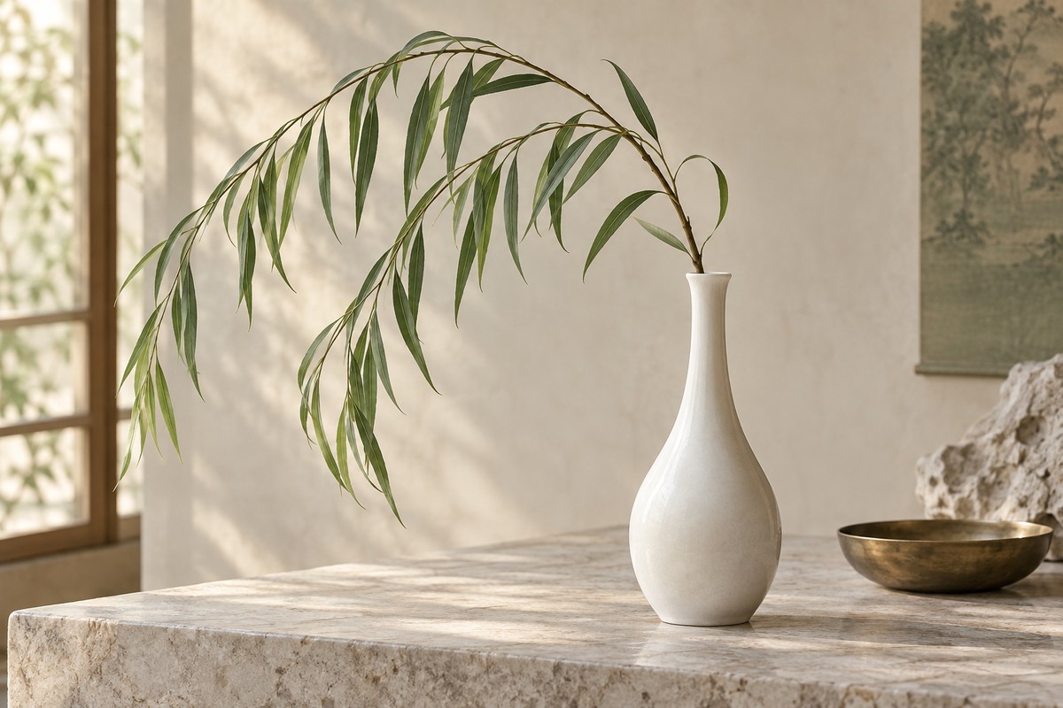 Slender white ceramic vase holding a gently arching willow branch.