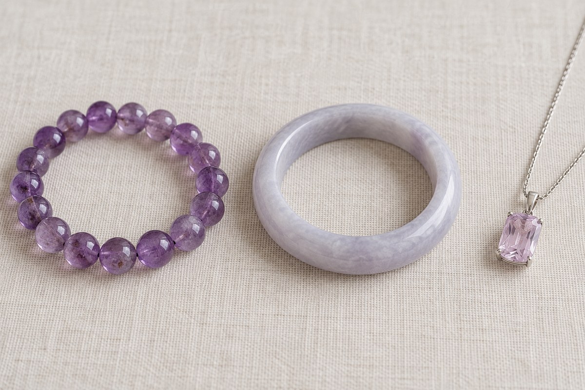 Purple beads, a cloudy lavender bangle, and a pale pink-lilac pendant on linen.