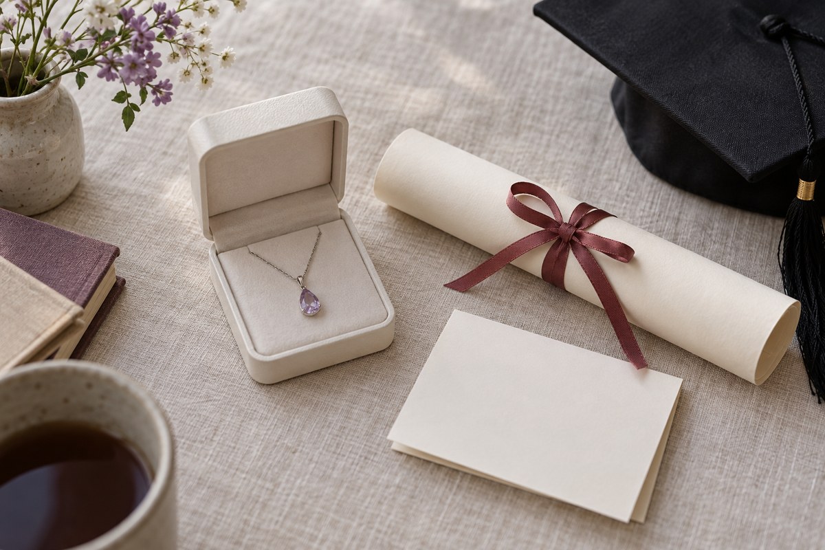 A pale purple pendant in an ivory case beside a rolled diploma and graduation cap.