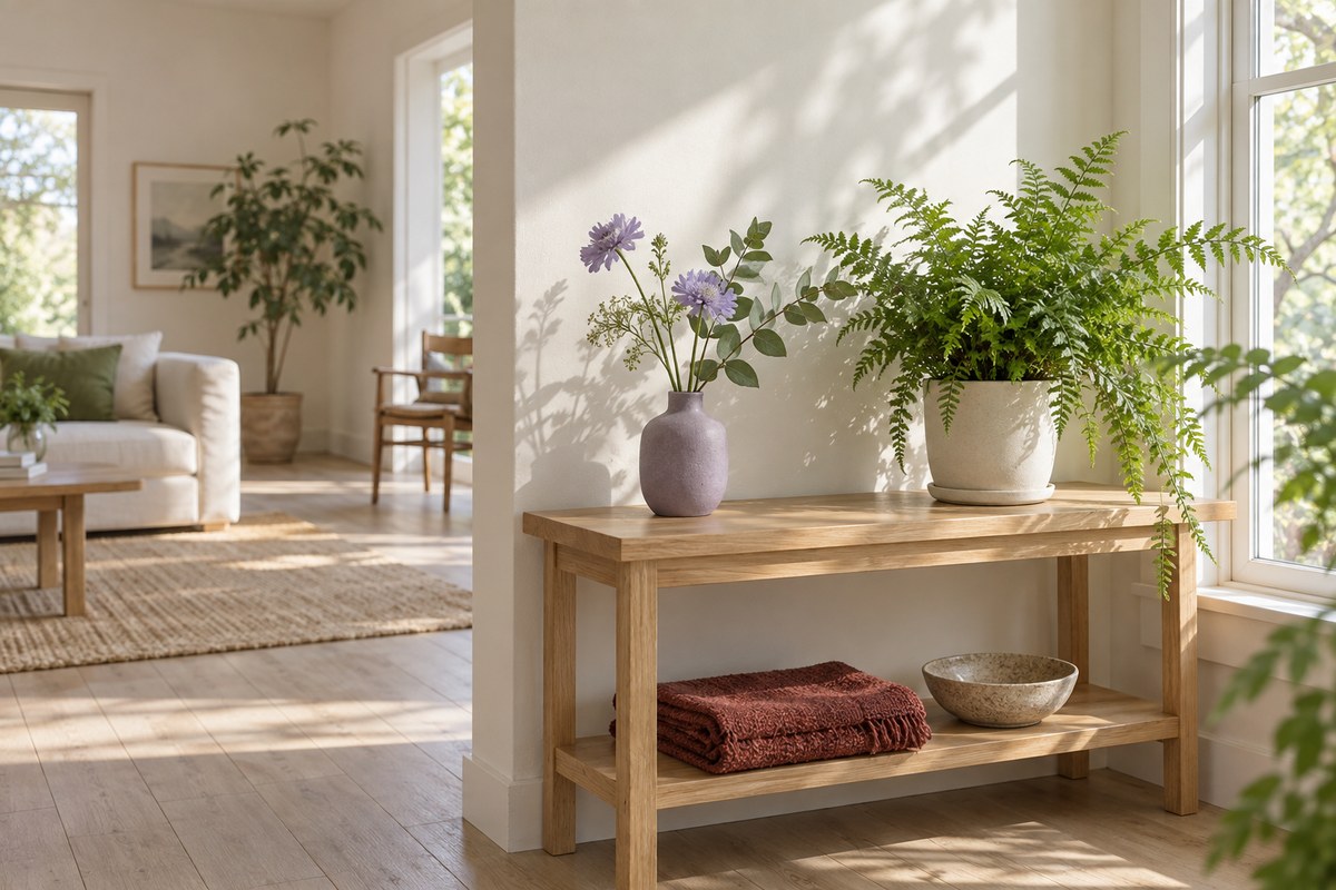 A muted purple vase and a potted fern on a light wooden table near a window.