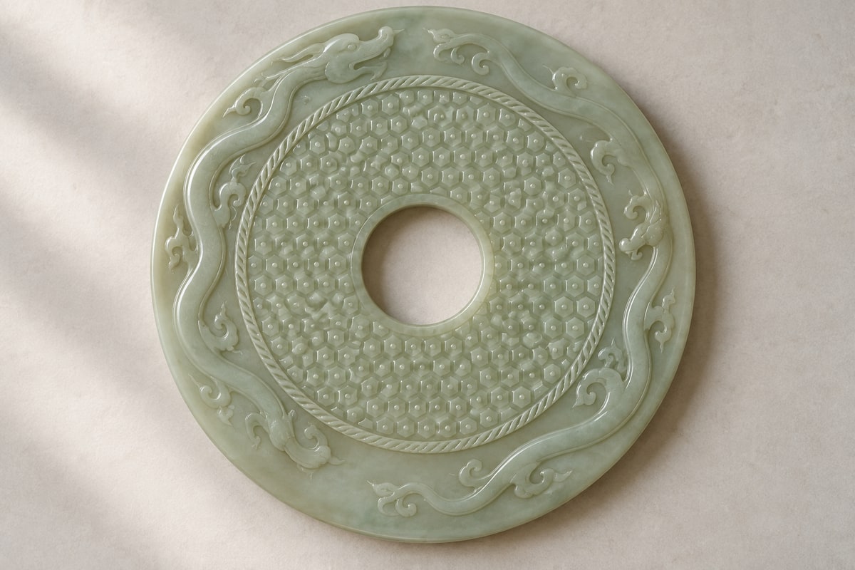 Modern jade bi with inner faceted pattern, rope-like divider and outer dragon ornament