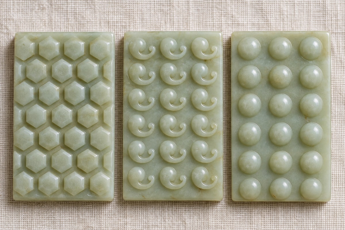 Three jade samples showing six-sided facets, curled grain motifs and rounded bosses from left to right