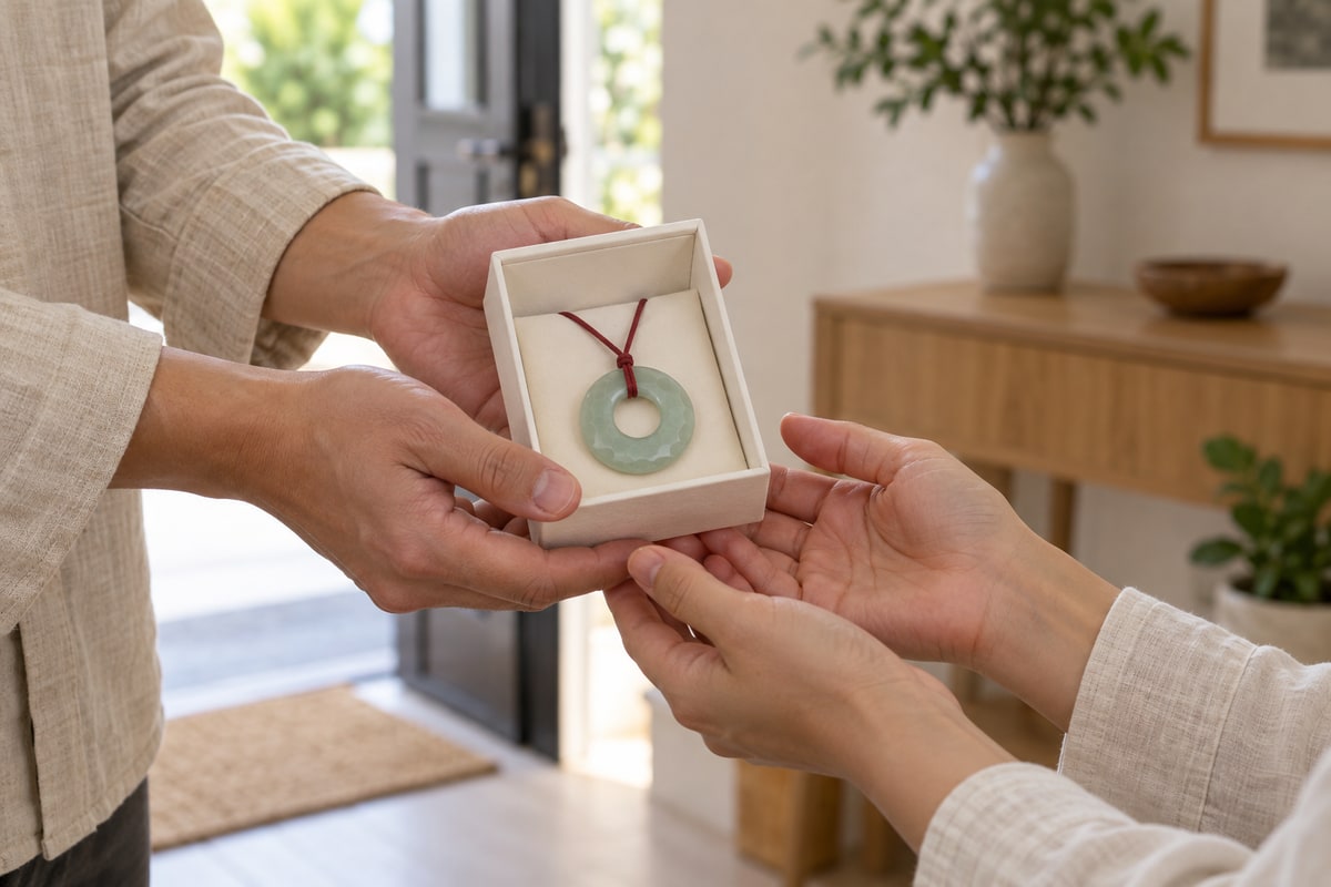 Hands exchanging an open ivory box holding a pale jade pendant on a red cord