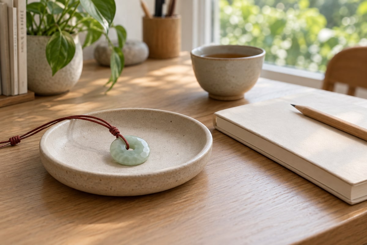 Small jade pendant on a ceramic tray beside a closed notebook and tea at a home desk
