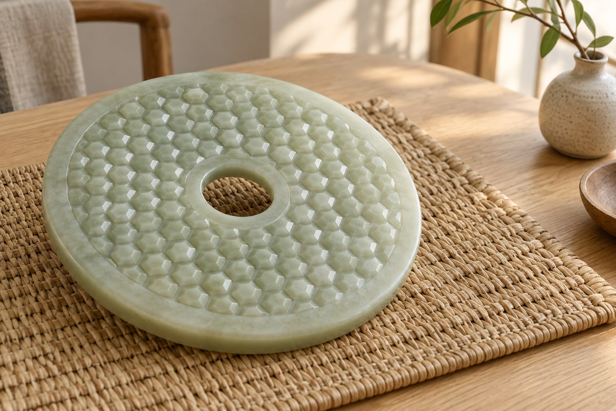 Modern pale green puwen jade disc resting on a woven rush mat