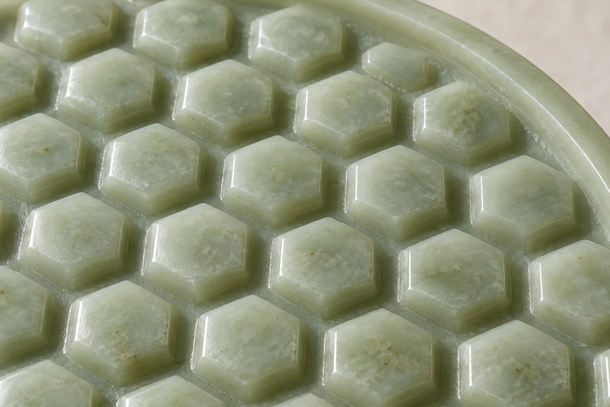 Close view of six-sided raised jade units separated by shallow channels
