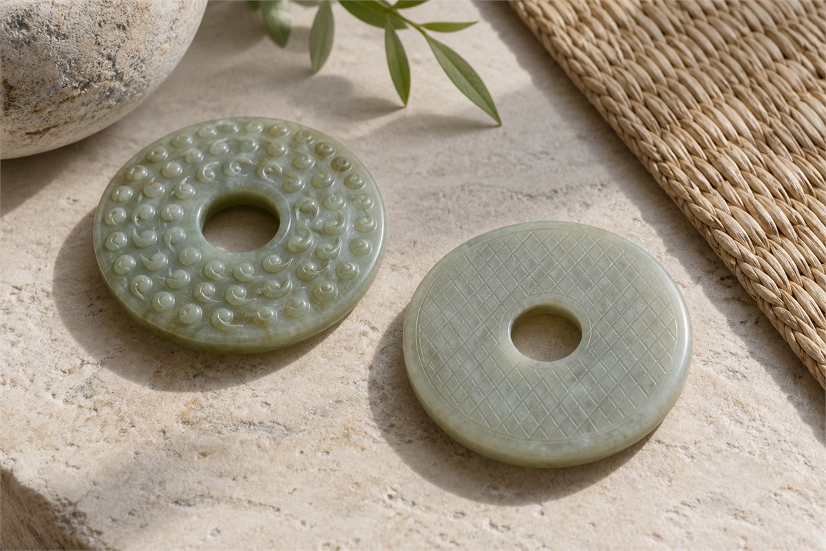 A crosshatched jade disc and a grain-pattern jade disc rest beside a woven rush mat.