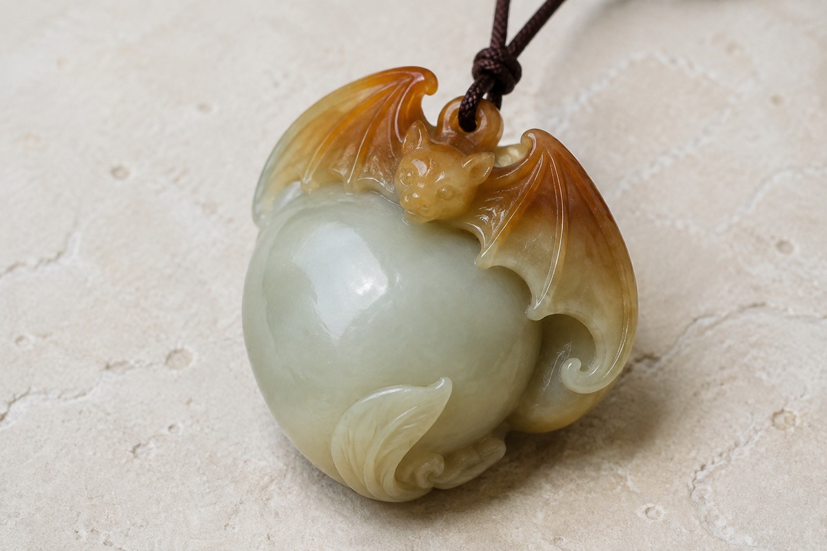 Close view of a warm-colored bat carved above a pale peach in one jade pendant.