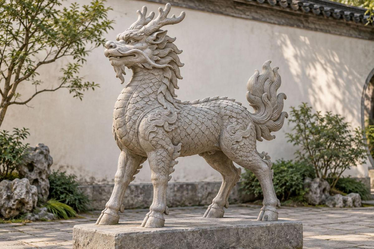 Graceful scaled Qilin sculpture with cloven hooves