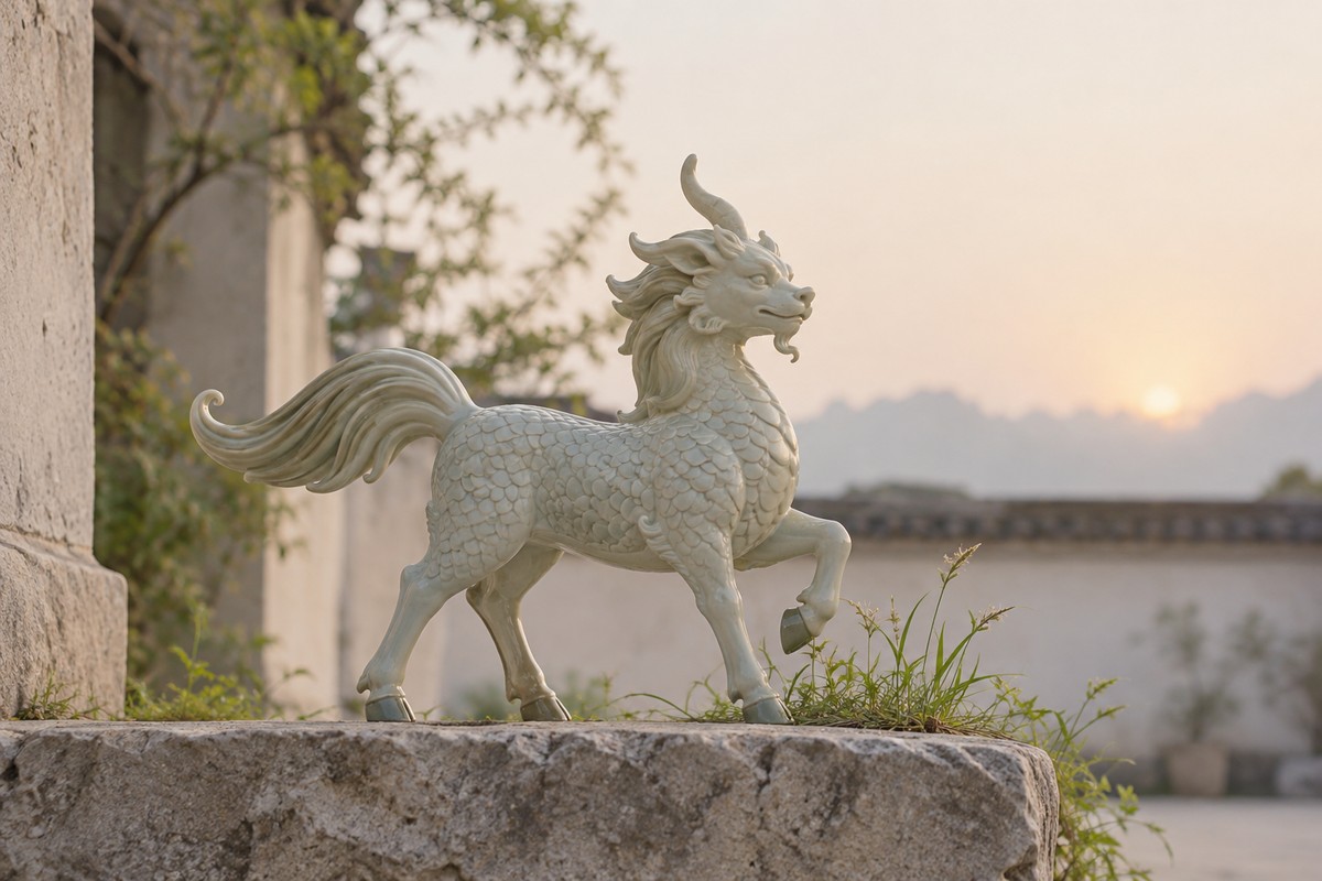 A ceramic Qilin lifts a hoof above a low stone ledge beside fresh grass.