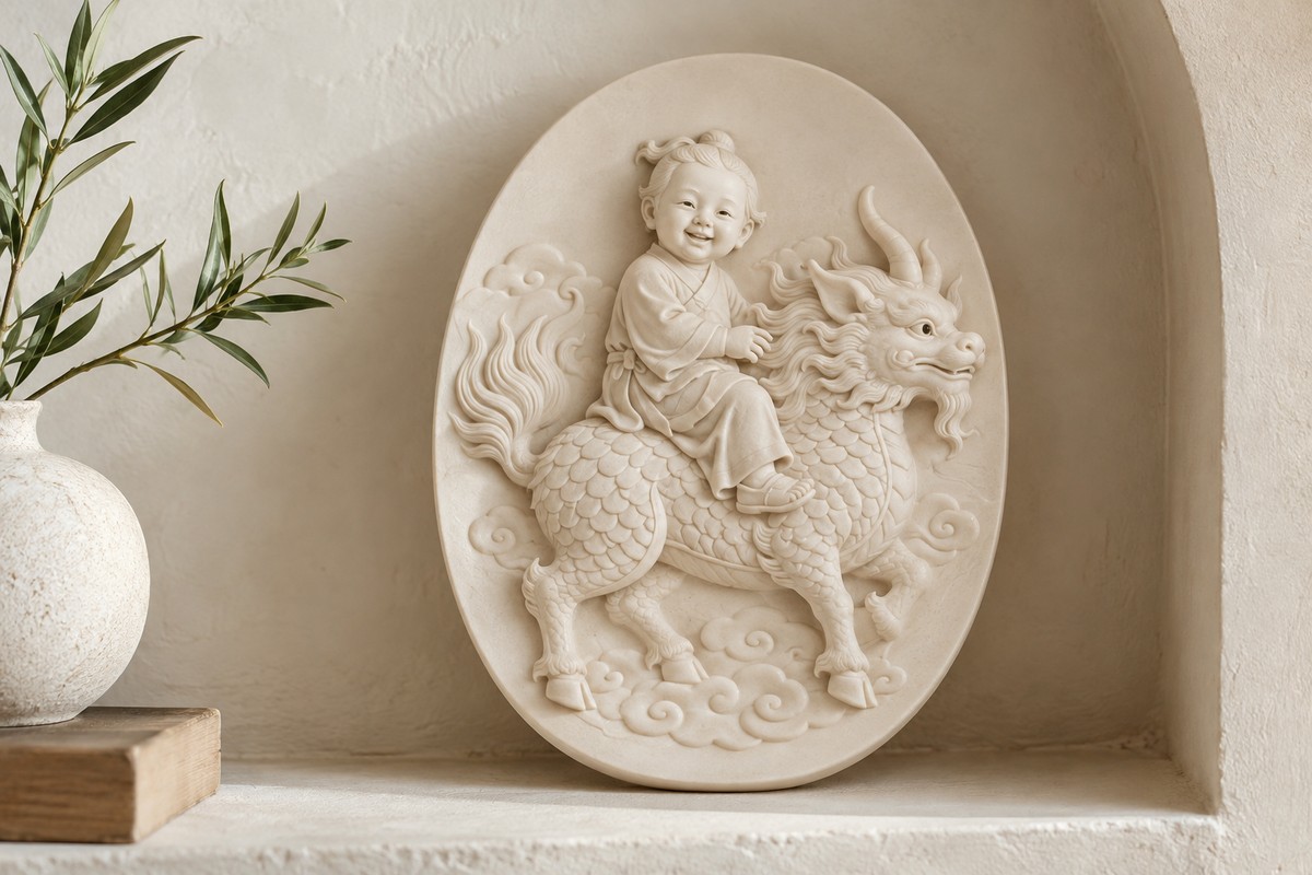 A contemporary ceramic relief shows a child seated on a hoofed Qilin.