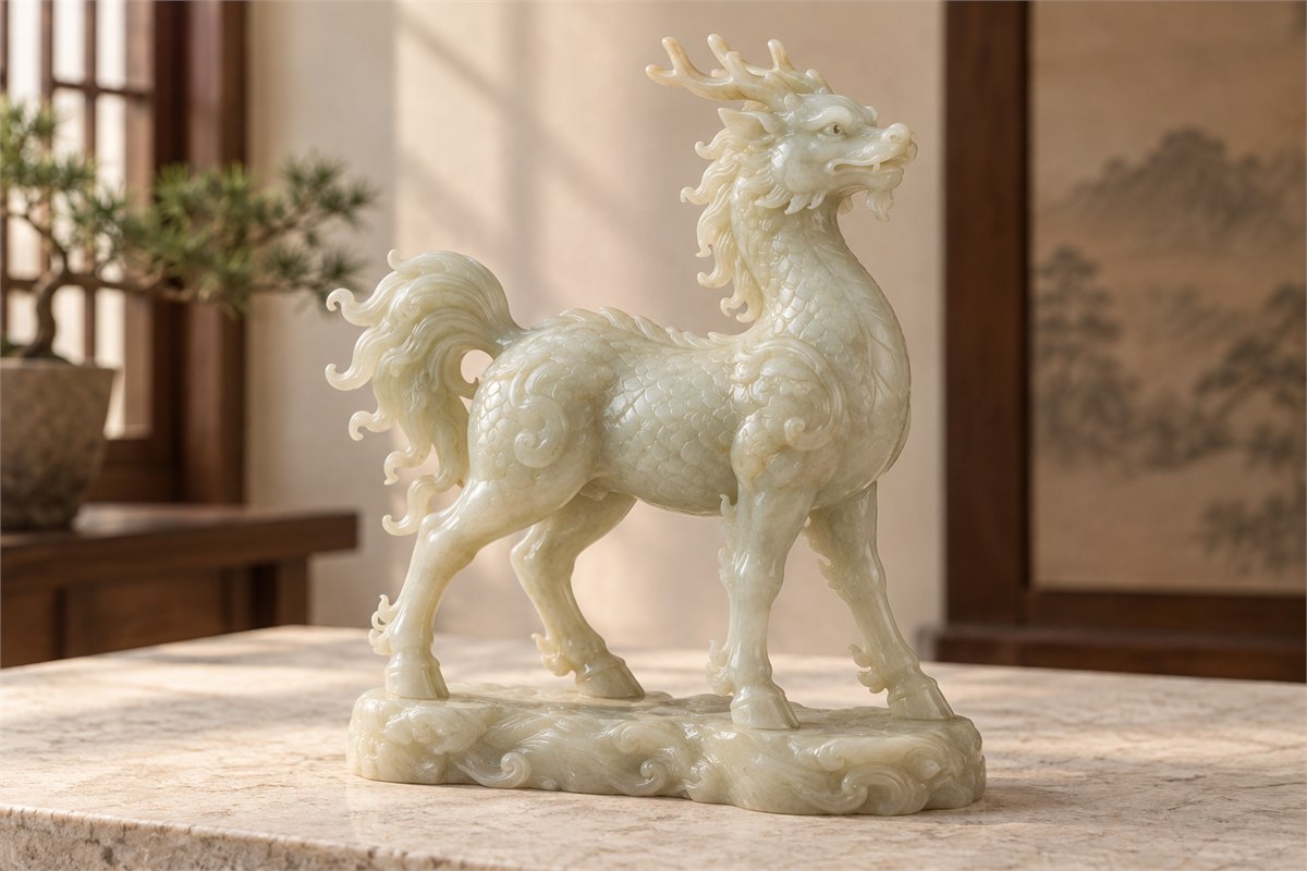 A pale jade Qilin carving with a raised head, hooved legs, and patterned body.