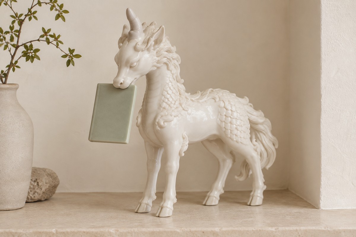 A contemporary Qilin sculpture holds a small plain green tablet near its mouth.