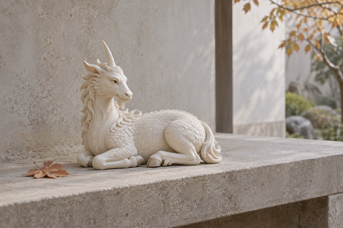 A small reclining ceramic Qilin rests beside a fallen leaf on pale stone.