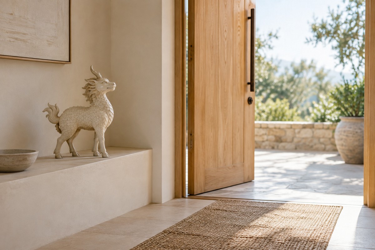 A small pale ceramic Qilin stands beside a wooden doorway in a quiet home.