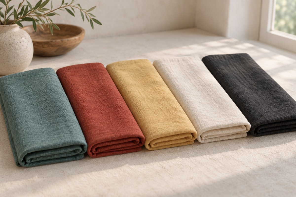 Folded green, muted red, yellow, white and black textiles lie side by side on a light surface.
