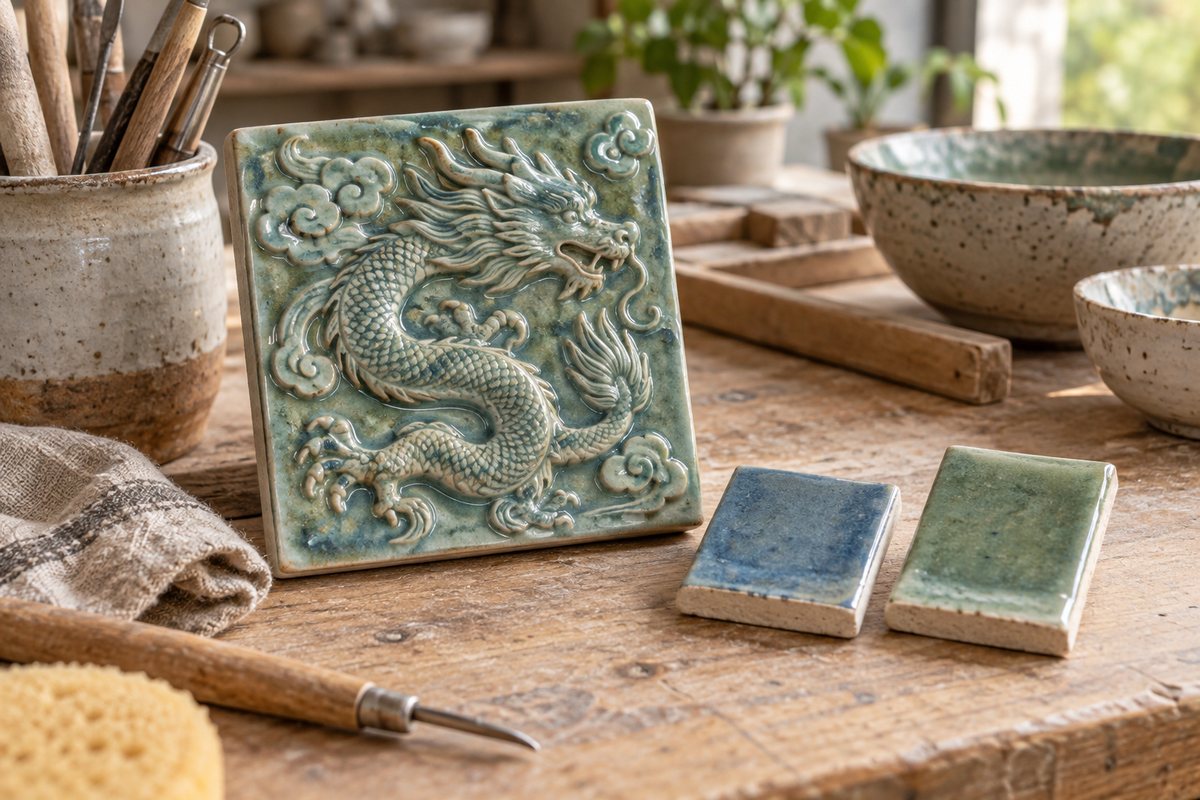 Blue-green dragon relief tile and two blue and green glaze samples on a ceramic workbench.