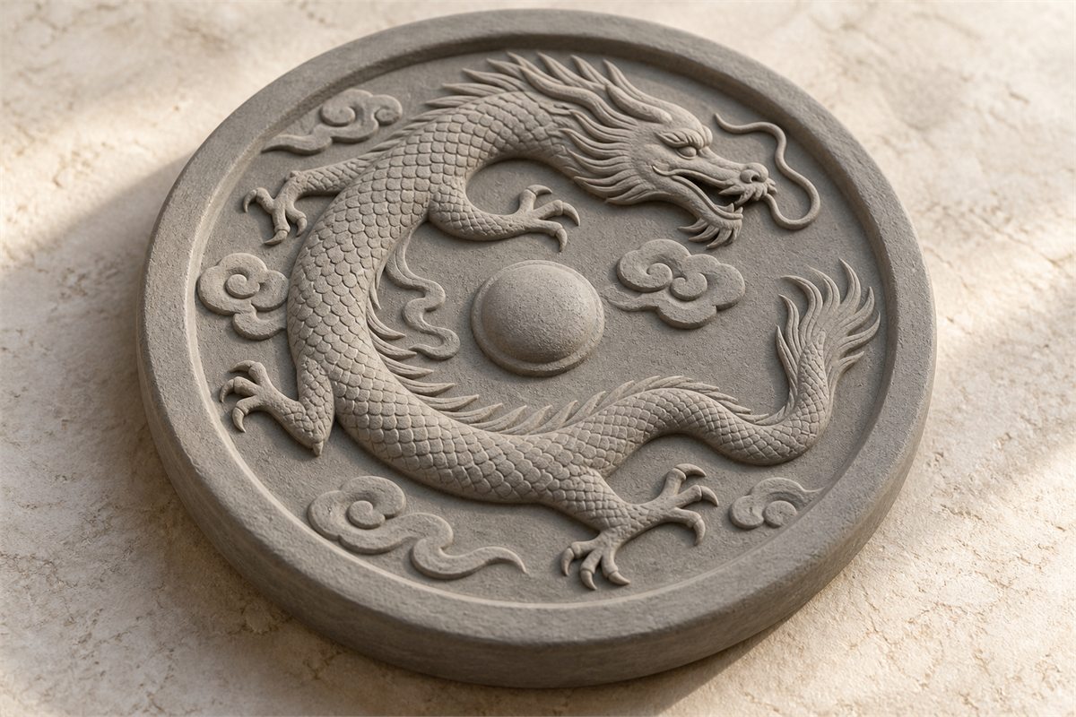 A sinuous dragon with extended limbs curves around a round grey clay plaque.