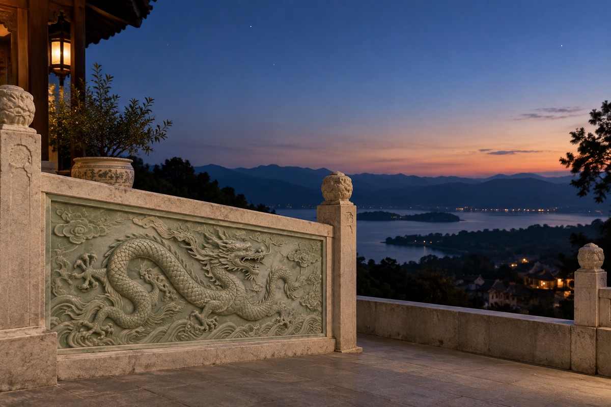Dragon relief on a stone terrace overlooking mountains beneath a twilight sky.