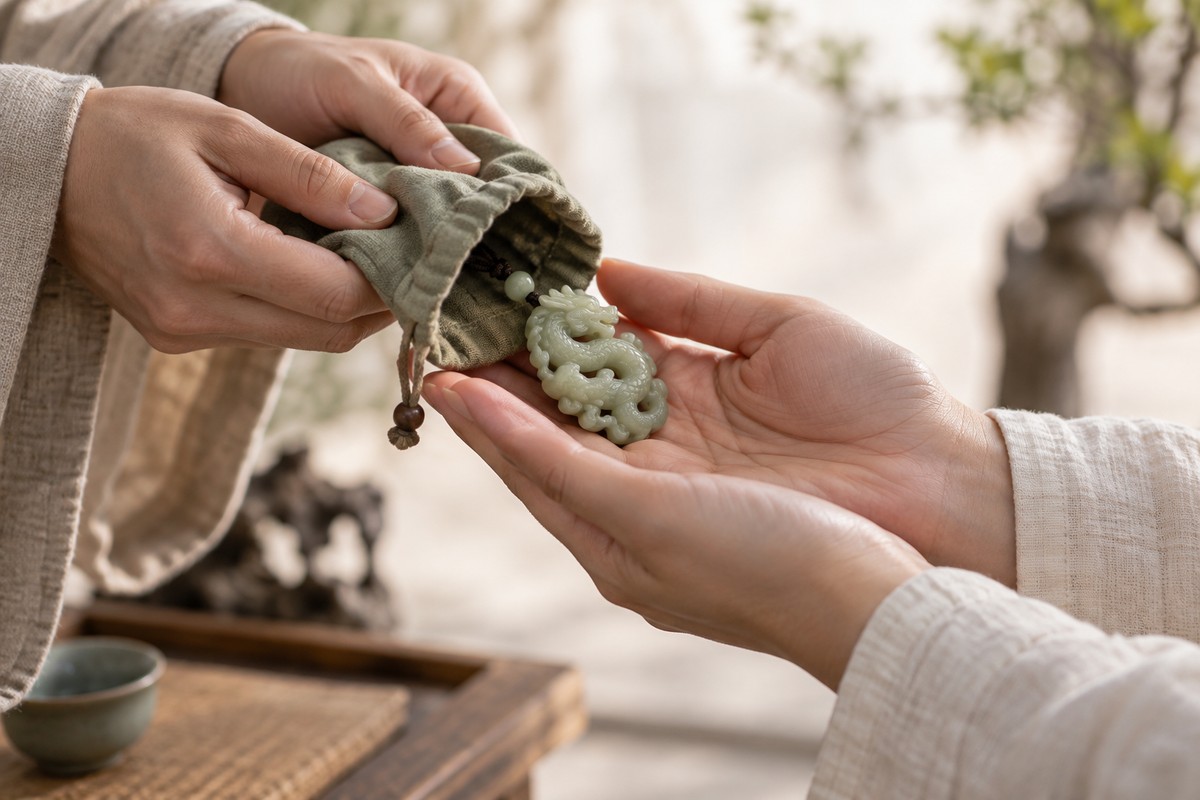 Hands passing a pale green dragon keepsake from a fabric pouch into open palms.